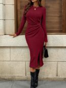 Vestido Midi Casual Cintura Ruched, Manga Larga y Abertura Lateral