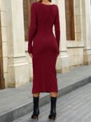 Vestido Midi Casual Cintura Ruched, Manga Larga y Abertura Lateral