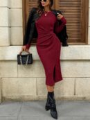 Vestido Midi Casual Cintura Ruched, Manga Larga y Abertura Lateral