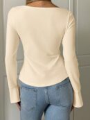 Top Casual de Manga Larga con Cuello de Estrás y Color Sólido
