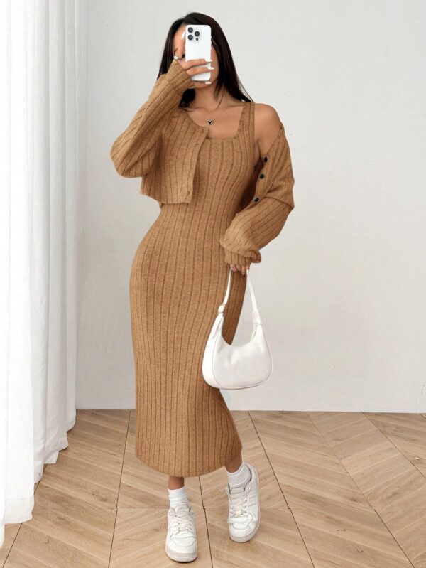 Conjunto Otoñal de Chaqueta y Vestido Midi Ajustado de Punto - Image 28
