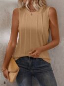 Musculosa de Verano de Color Sólido con Cuello Redondo y Plisado