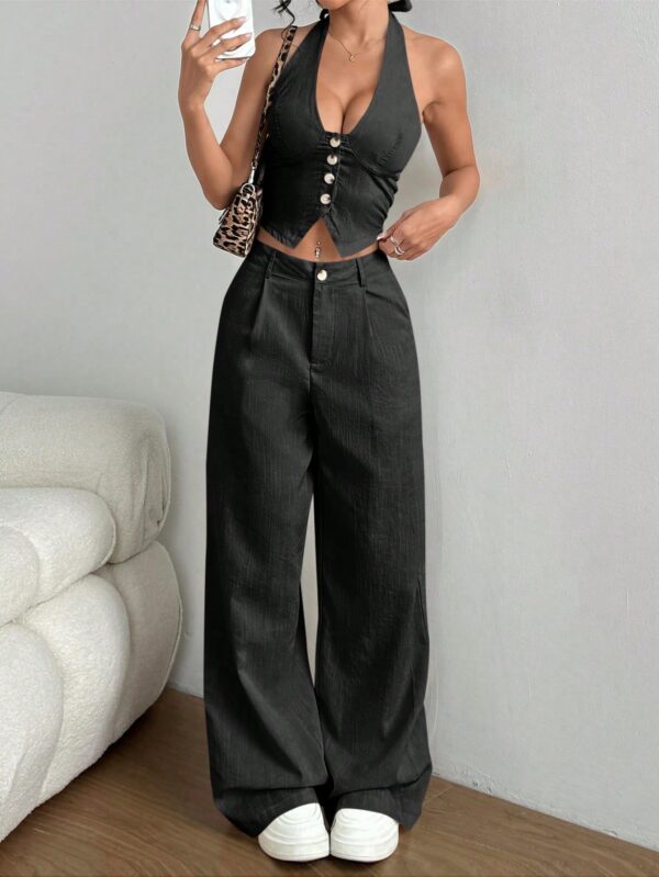 Set de 2 Piezas: Top Halter con Lazada y Pantalón Recto Casual - Image 5