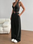 Set de 2 Piezas: Top Halter con Lazada y Pantalón Recto Casual