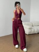 Set de 2 Piezas: Top Halter con Lazada y Pantalón Recto Casual