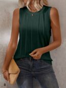Musculosa de Verano de Color Sólido con Cuello Redondo y Plisado