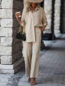 Conjunto Casual de Blusa Suelta y Pantalones con Manga Caída