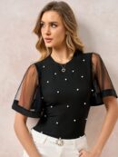 Remera Negra de Negocios Casual con Mangas Flare en Malla