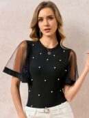 Remera Negra de Negocios Casual con Mangas Flare en Malla