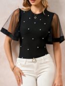 Remera Negra de Negocios Casual con Mangas Flare en Malla