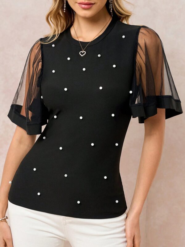 Remera Negra de Negocios Casual con Mangas Flare en Malla - Image 18