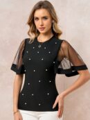 Remera Negra de Negocios Casual con Mangas Flare en Malla