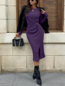 Vestido Midi Casual Cintura Ruched, Manga Larga y Abertura Lateral