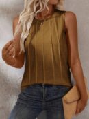 Musculosa de Verano de Color Sólido con Cuello Redondo y Plisado