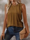 Musculosa de Verano de Color Sólido con Cuello Redondo y Plisado