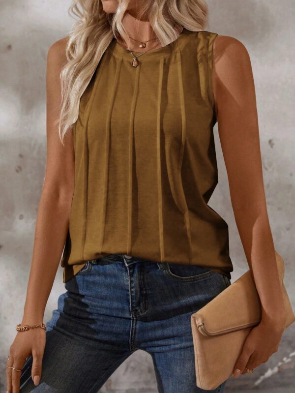 Musculosa de Verano de Color Sólido con Cuello Redondo y Plisado - Image 120