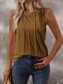 Musculosa de Verano de Color Sólido con Cuello Redondo y Plisado