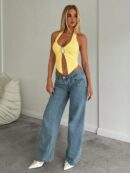 Camisola Ajustada con Cuello Halter, Espalda Descubierta y Decoración Metálica