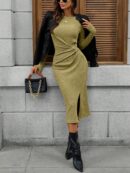 Vestido Midi Casual Cintura Ruched, Manga Larga y Abertura Lateral