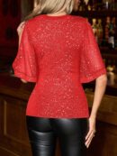 Remera Negra de Negocios Casual con Mangas Flare en Malla