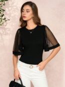 Remera Negra de Negocios Casual con Mangas Flare en Malla