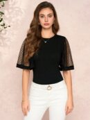 Remera Negra de Negocios Casual con Mangas Flare en Malla