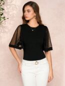 Remera Negra de Negocios Casual con Mangas Flare en Malla