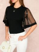 Remera Negra de Negocios Casual con Mangas Flare en Malla