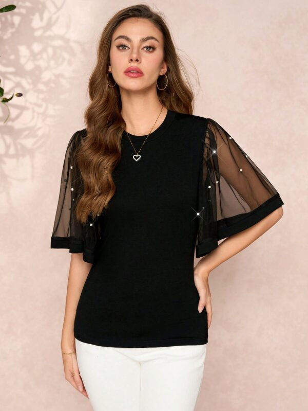 Remera Negra de Negocios Casual con Mangas Flare en Malla - Image 31
