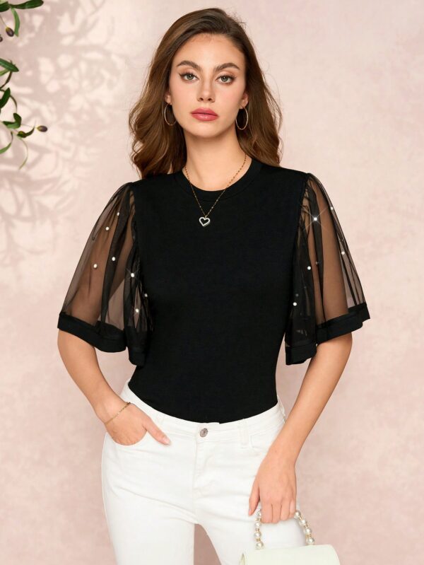 Remera Negra de Negocios Casual con Mangas Flare en Malla - Image 32