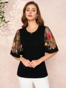 Remera Negra de Negocios Casual con Mangas Flare en Malla