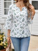Blusa Casual de Manga Tres Cuartos en Color Sólido con Cuello V