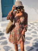 Vestido Playero Mini de Tricot con Cuello Corazón y Manga Larga