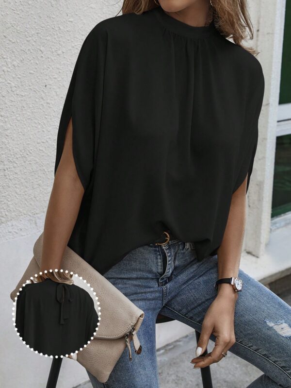 Blusa Sólida con Mangas Murciélago y Lazo Atrás