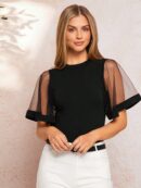 Remera Negra de Negocios Casual con Mangas Flare en Malla