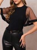 Remera Negra de Negocios Casual con Mangas Flare en Malla
