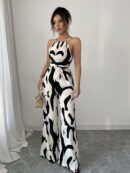 Mono Largo Estampado con Cuello Halter y Detalles Fruncidos