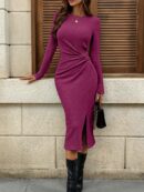 Vestido Midi Casual Cintura Ruched, Manga Larga y Abertura Lateral