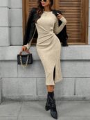 Vestido Midi Casual Cintura Ruched, Manga Larga y Abertura Lateral