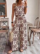 Conjunto Vacacional Boho para Mujer: Top Camisola Crop + Pantalones Largos Estampados