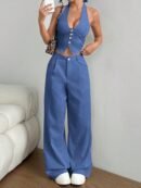 Set de 2 Piezas: Top Halter con Lazada y Pantalón Recto Casual