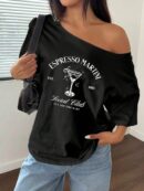 Remera Suelta de Hombro Caído con Eslogan 'Espresso Martini'