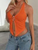 Camisola Ajustada con Cuello Halter, Espalda Descubierta y Decoración Metálica