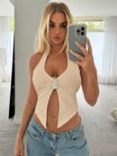Camisola Ajustada con Cuello Halter, Espalda Descubierta y Decoración Metálica
