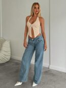 Camisola Ajustada con Cuello Halter, Espalda Descubierta y Decoración Metálica