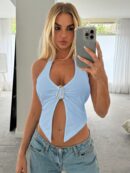 Camisola Ajustada con Cuello Halter, Espalda Descubierta y Decoración Metálica