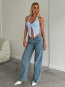 Camisola Ajustada con Cuello Halter, Espalda Descubierta y Decoración Metálica