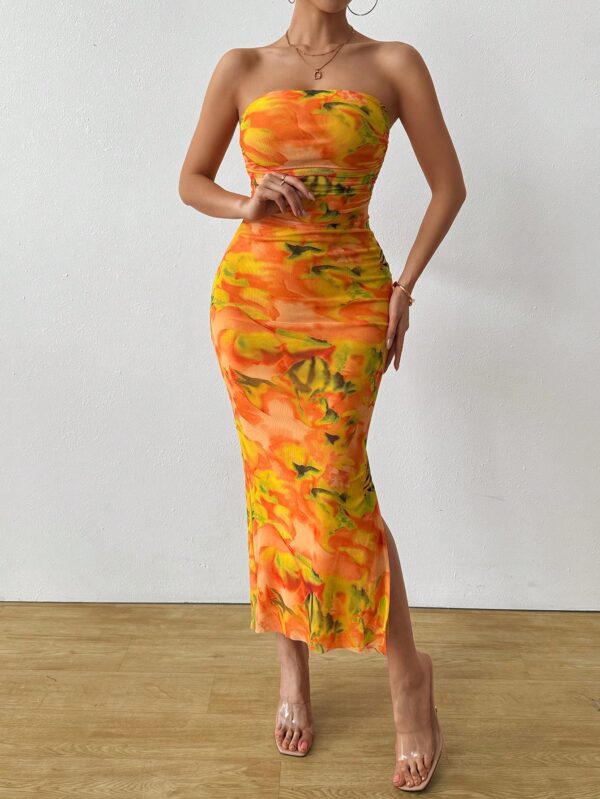 Vestido Strapless Tie Dye con Abertura Lateral y Ruched - Image 129
