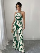 Mono Largo Estampado con Cuello Halter y Detalles Fruncidos