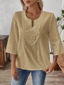 Blusa Casual de Manga Tres Cuartos en Color Sólido con Cuello V